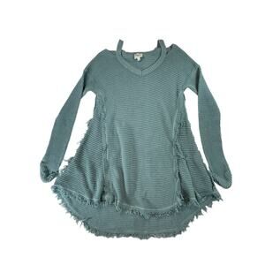 Hayden LA Cold Shoulder Waffle Knit Sweater Top Teal Aqua Fringed L Women